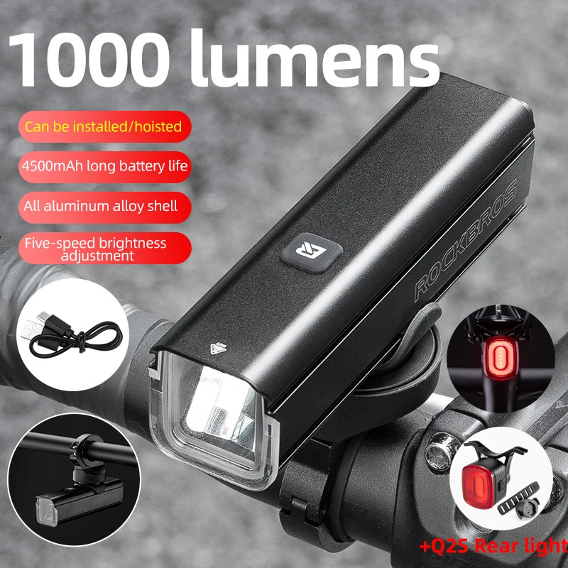 ROCKBROS 1000LM Rechargeable Aluminum Bicycle Light Headlight