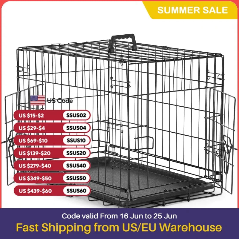 JHK Extra Large Double Door Folding Metal Dog Cage with Leak Proof Tray for Indoor Outdoor Use
