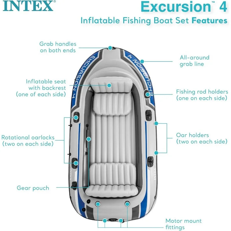 Intex Excursion Inflatable Boat with Deluxe Oars and High Output Pump Super Tough PVC