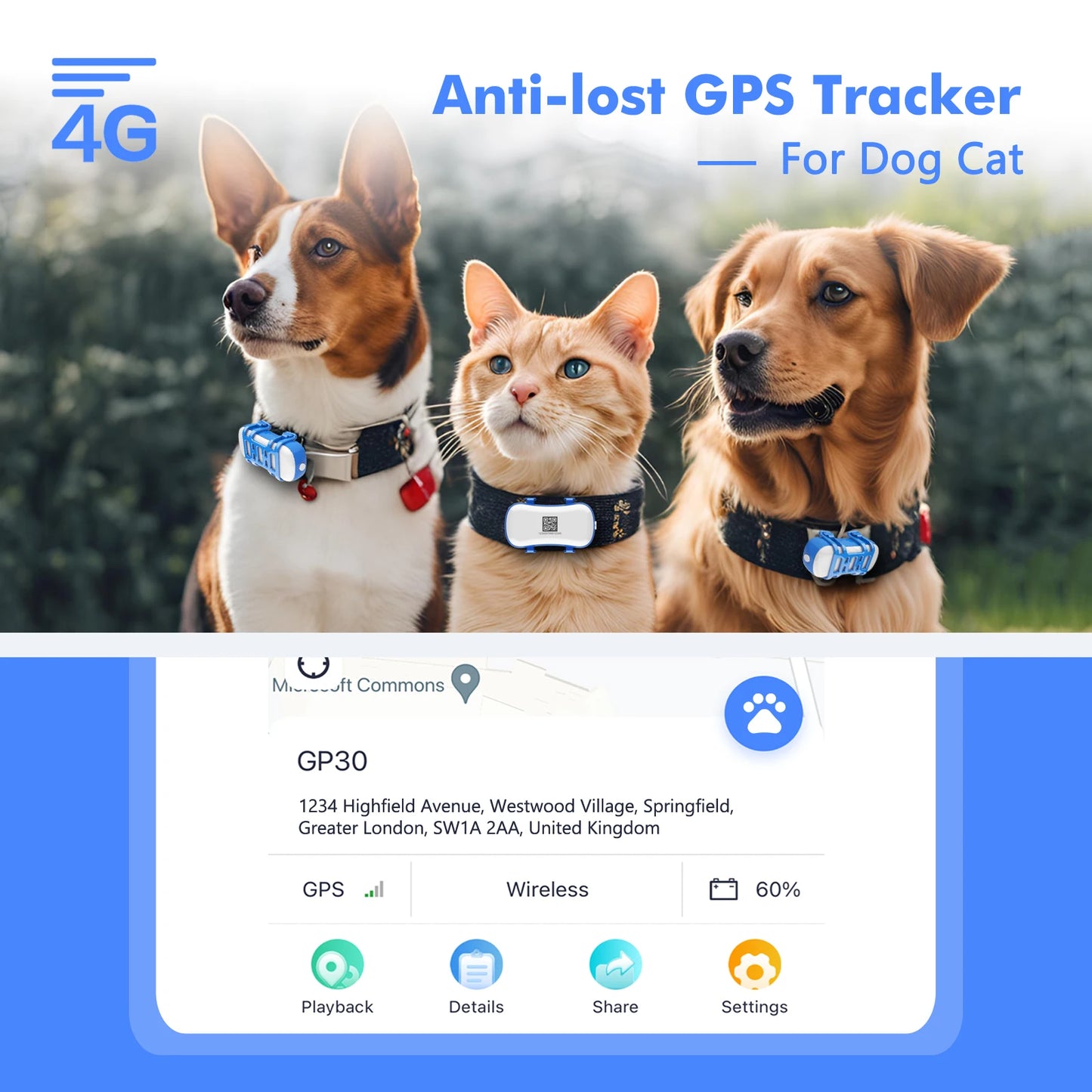 WANWAYTECH 4G GPS Tracker For Pets Waterproof Locator