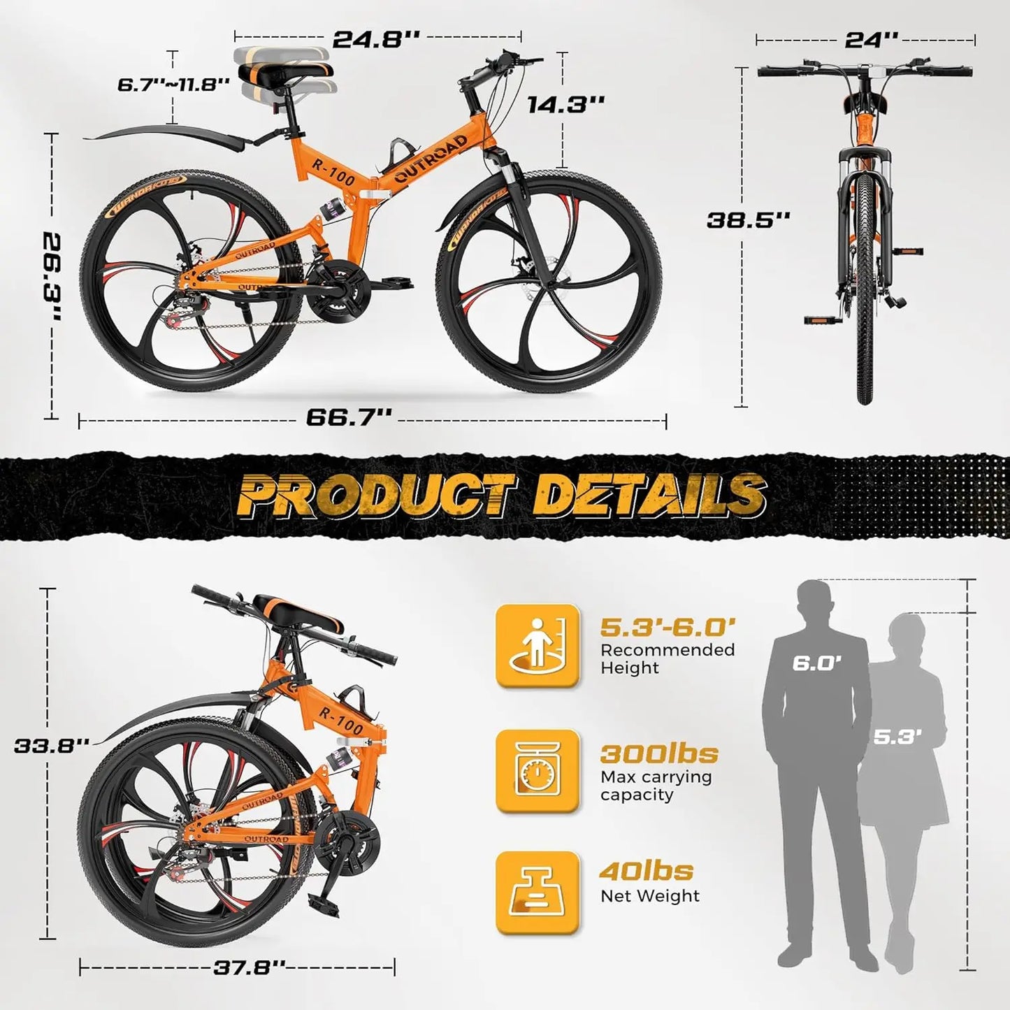26 Inch Folding Mountain Bike with 21 Speed Full Suspension and Dual Disc Brakes