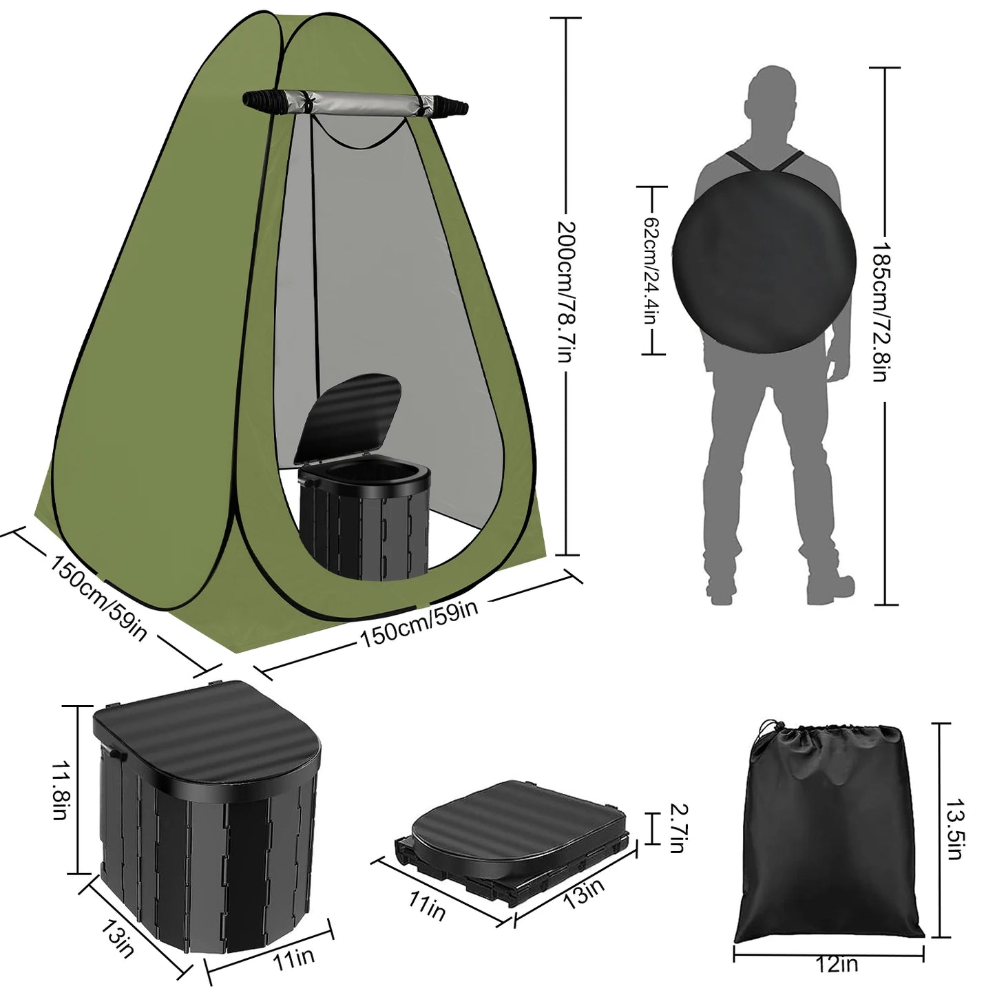 Large Portable Camping Toilet with 1.5m Pop Up Privacy Tent for Outdoor Use