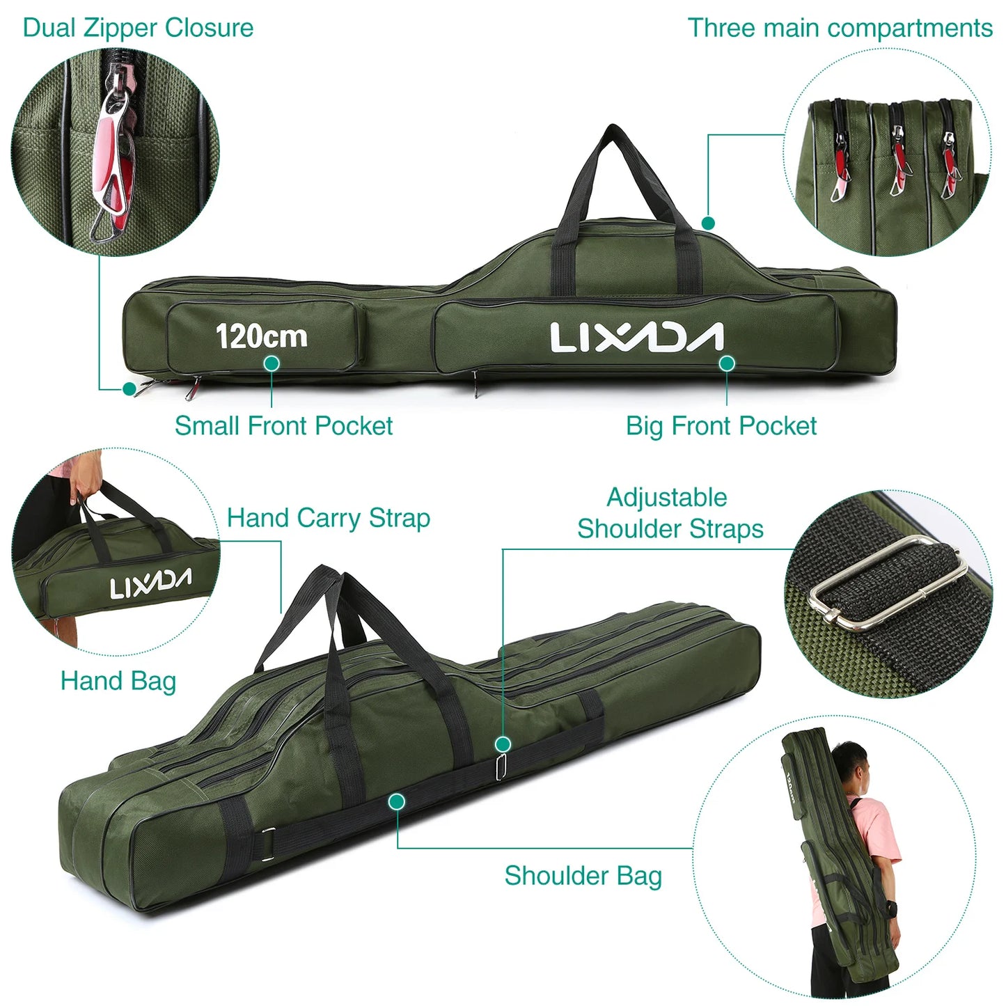 Lixada 3 Layer Portable Fishing Pole Bag Folding Rod Carry Case Tackle Storage Solution
