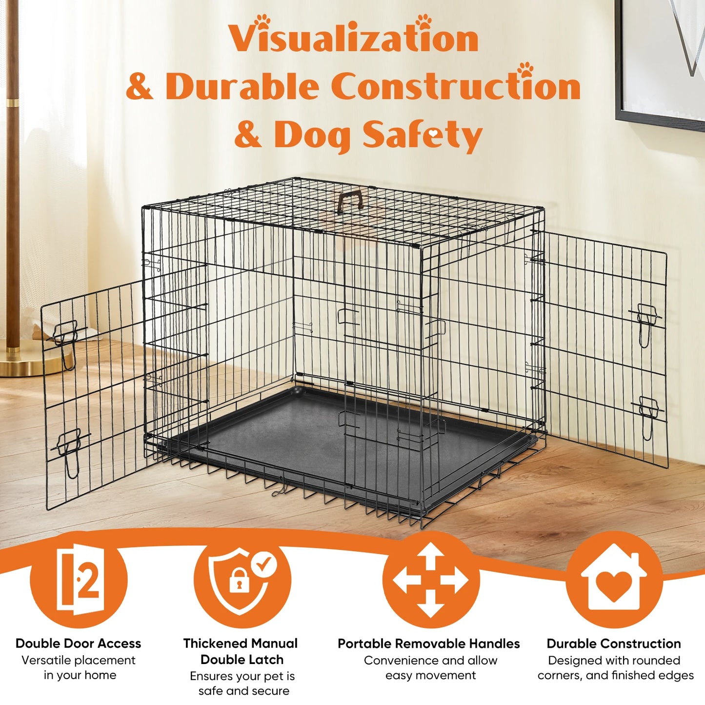 JHK Extra Large Double Door Folding Metal Dog Cage with Leak Proof Tray for Indoor Outdoor Use