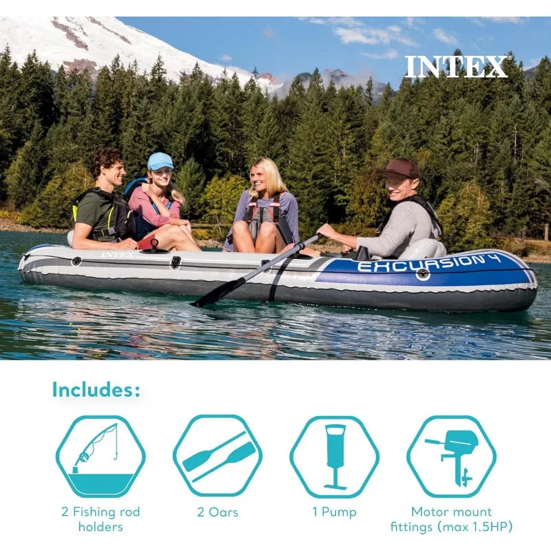 Intex Excursion Inflatable Boat with Deluxe Oars and High Output Pump Super Tough PVC