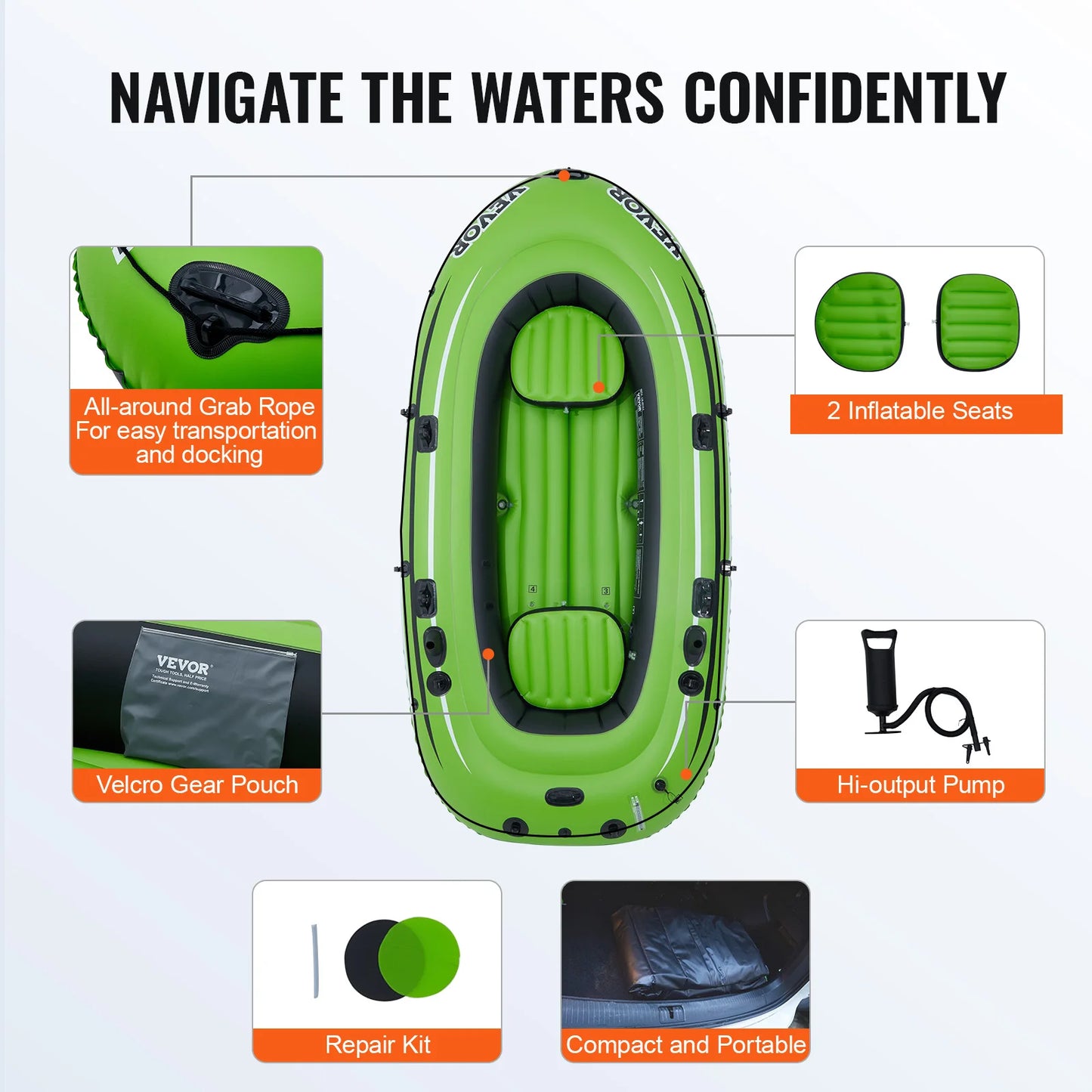 VEVOR 4-Person Inflatable Fishing Boat Strong PVC Portable Raft Kayak with Oars and Pump