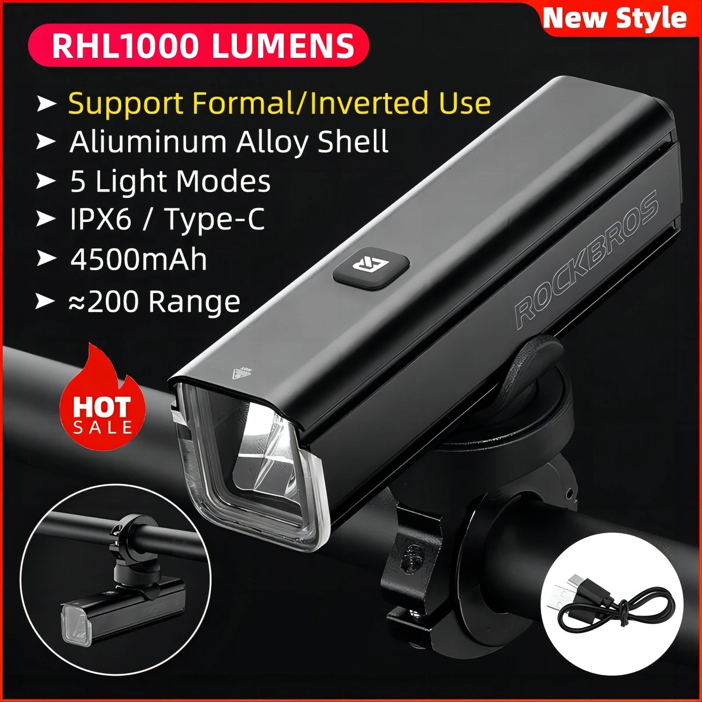ROCKBROS 1000LM Rechargeable Aluminum Bicycle Light Headlight