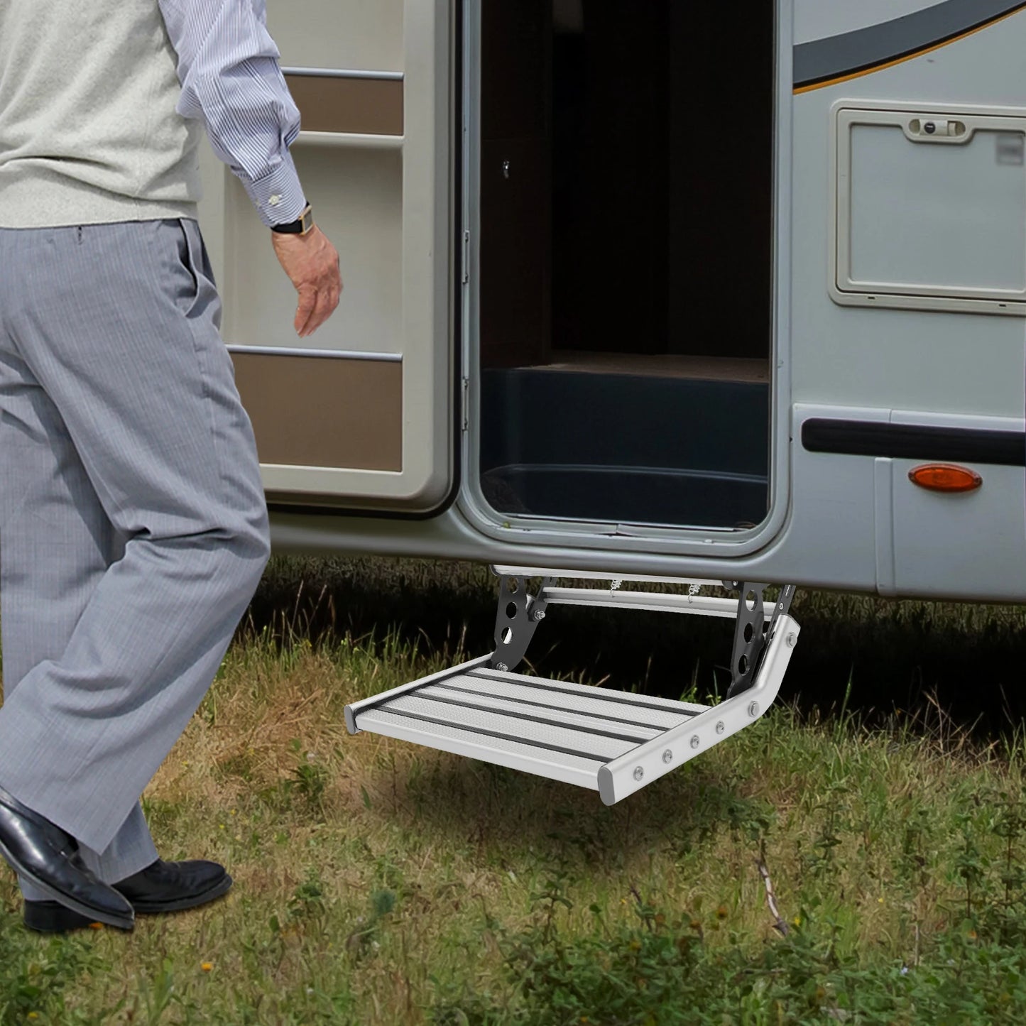 Bymaocar Manual RV Step with 12V LED Light Aluminum Folding Step for Campers and Motorhomes