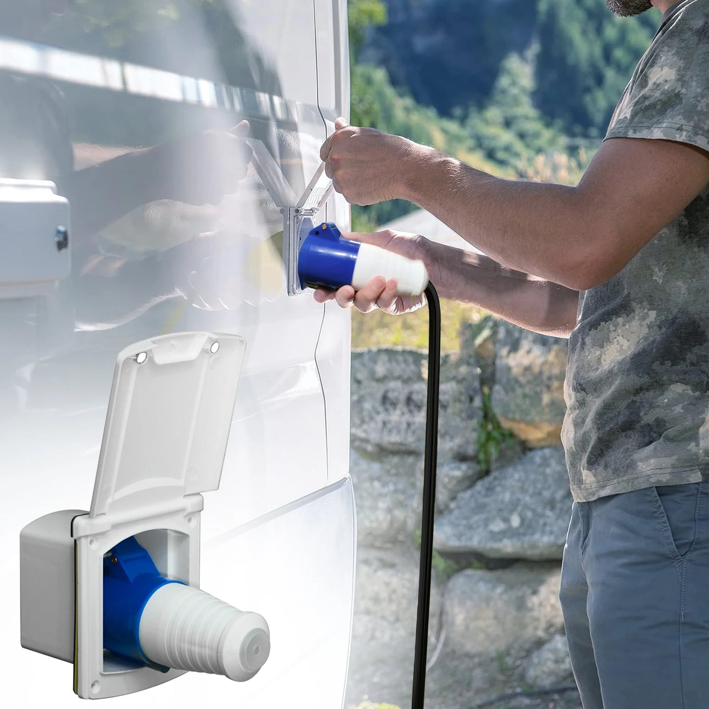 32 Amp RV Inlet Plug and Outlet Box Kit with Connector Protective Cover for Campers