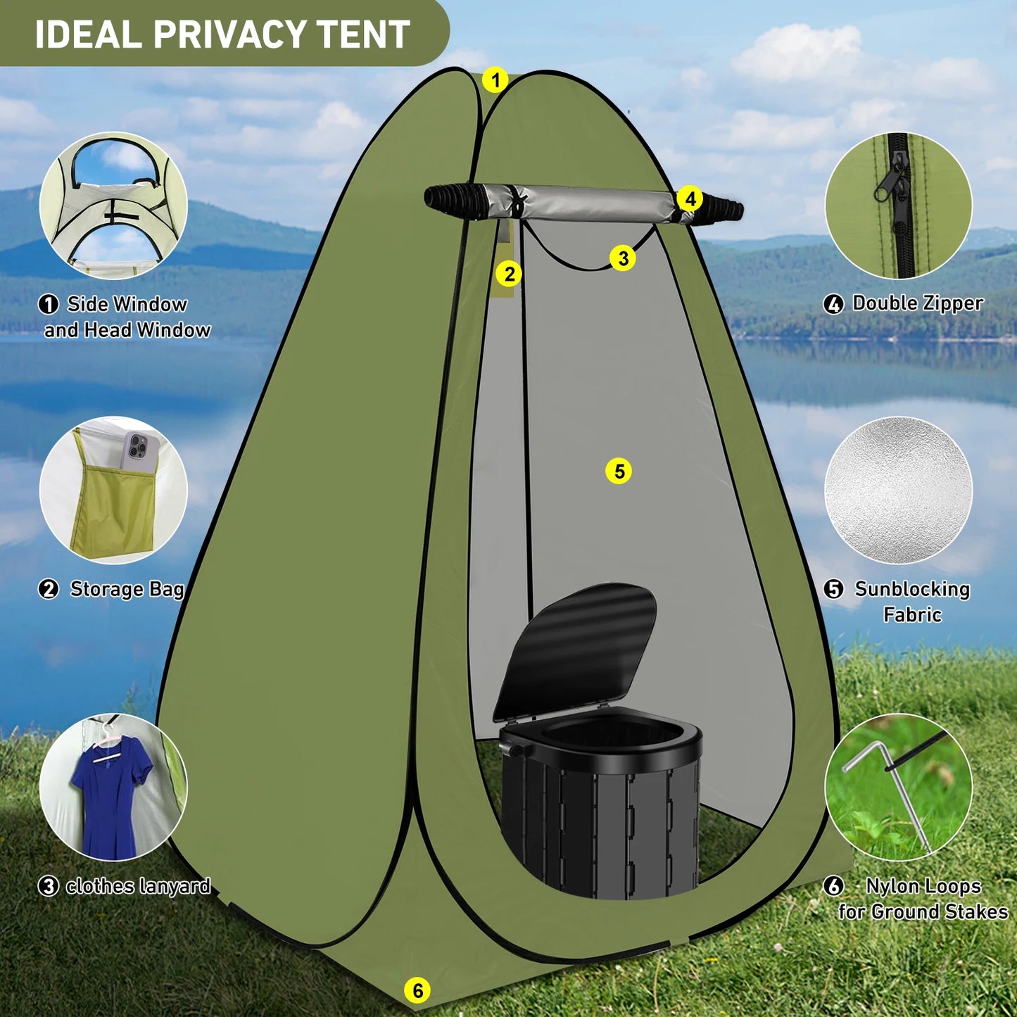 Large Portable Camping Toilet with 1.5m Pop Up Privacy Tent for Outdoor Use