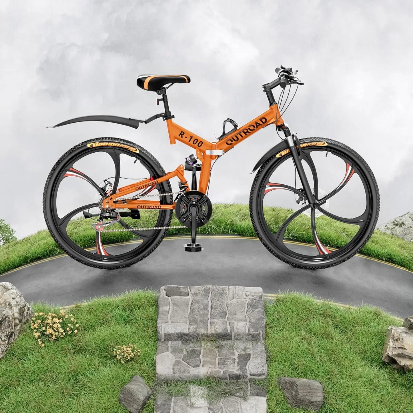 26 Inch Folding Mountain Bike with 21 Speed Full Suspension and Dual Disc Brakes