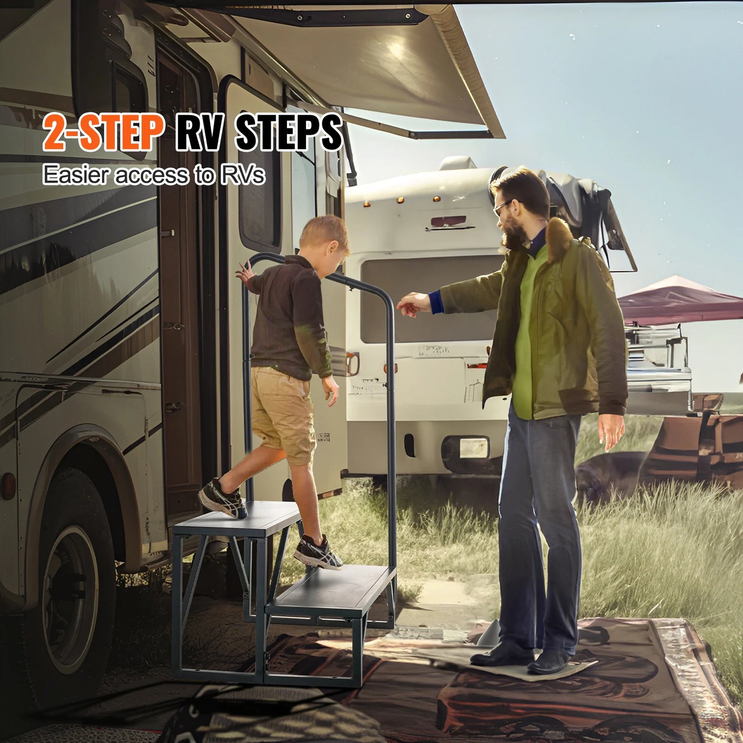 SucceBuy 2-Step RV Stairs with Handrail Non-Slip Design