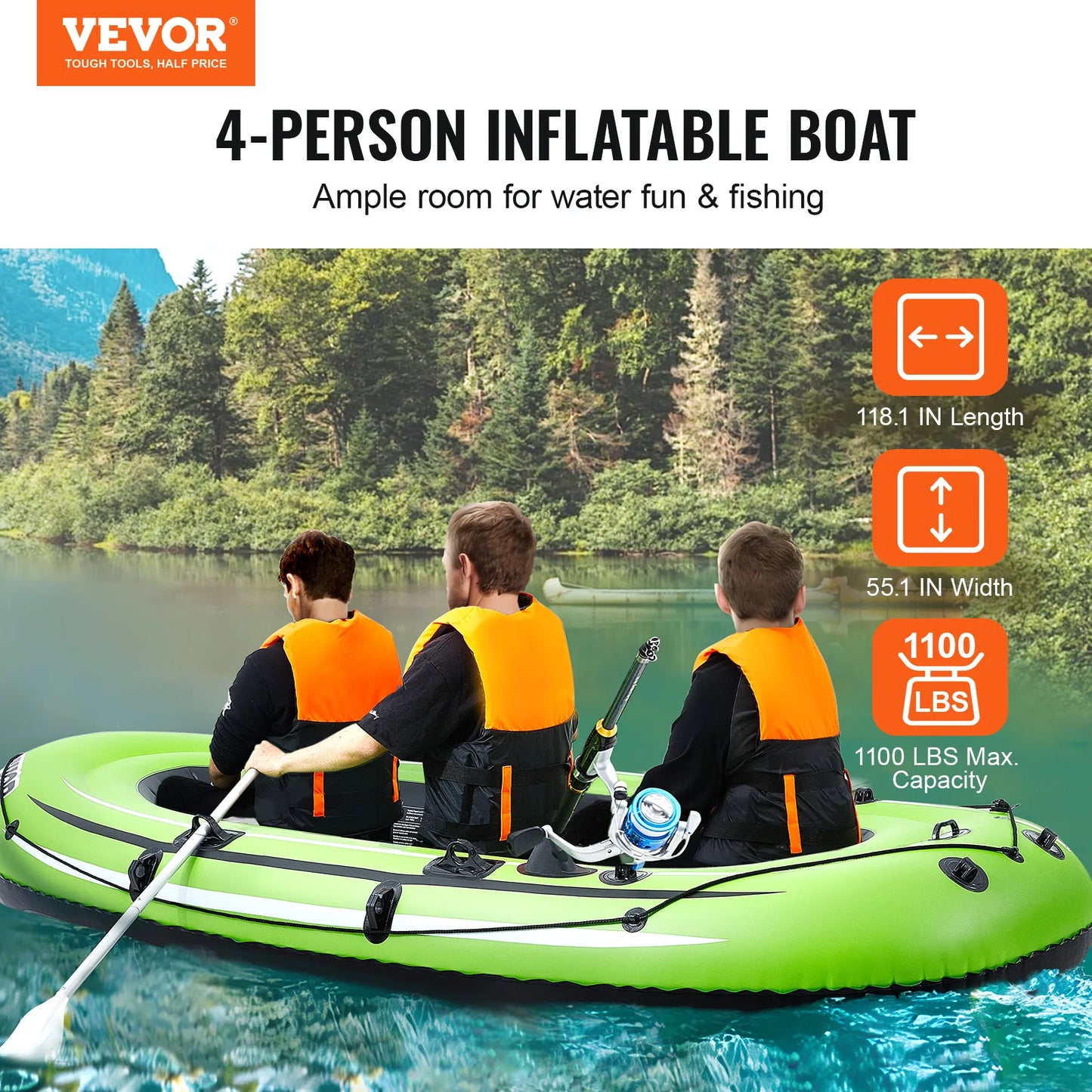 VEVOR 4-Person Inflatable Fishing Boat Strong PVC Portable Raft Kayak with Oars and Pump