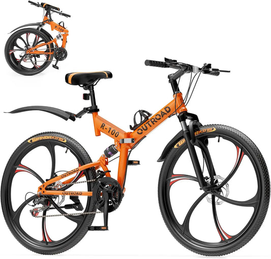 26 Inch Folding Mountain Bike with 21 Speed Full Suspension and Dual Disc Brakes