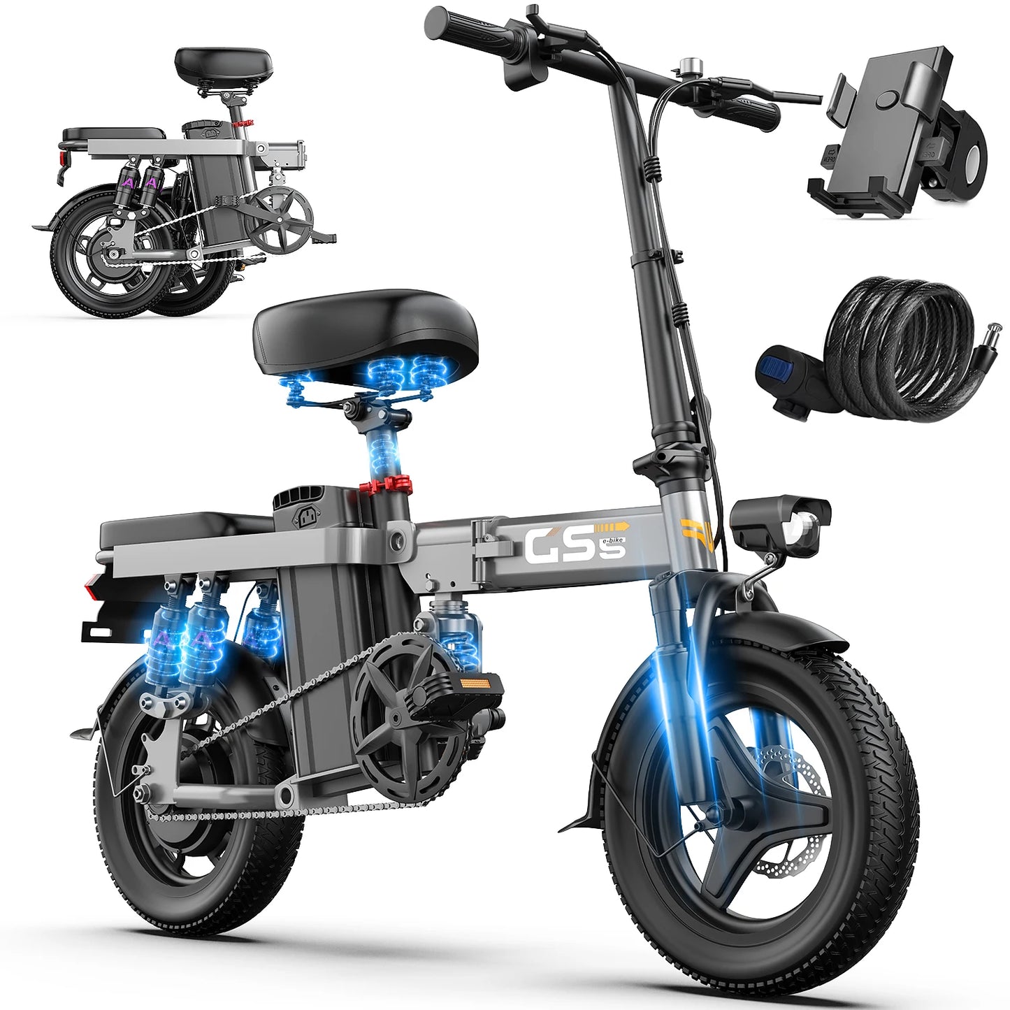 GS5 Electric Bike for Adults 14 Inch Mountain Bicycle with Removable Battery 740W Motor 19MPH