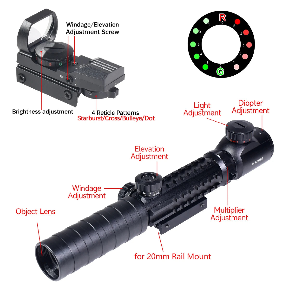 Cross Tactical 3-9X32EG Riflescope Red Green Dot Sight