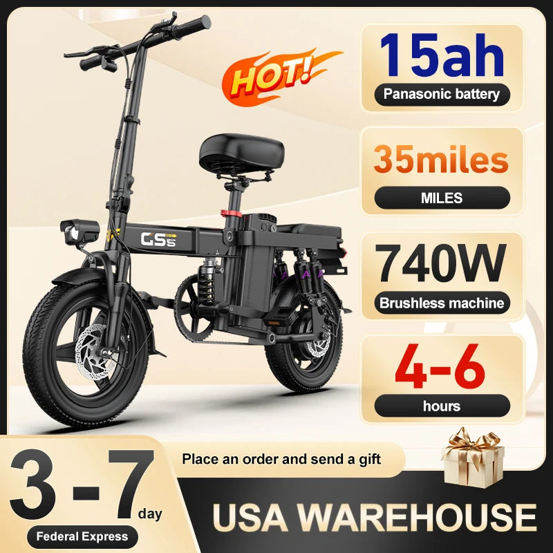GS5 Electric Bike for Adults 14 Inch Mountain Bicycle with Removable Battery 740W Motor 19MPH